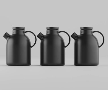 Modern minimalist bir tasarıma sahip gösterişli, mat siyah bir seramik sürahi. Yumuşak kıvrımlı silindirik bir gövdesi, sağlam bir sapı ve kendine özgü açılı bir çıkıntısı vardır.