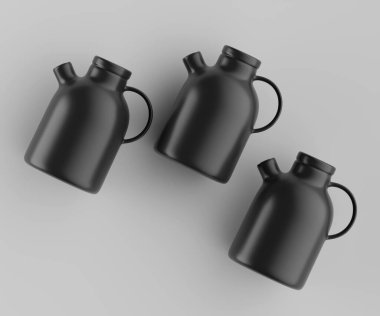 Modern minimalist bir tasarıma sahip gösterişli, mat siyah bir seramik sürahi. Yumuşak kıvrımlı silindirik bir gövdesi, sağlam bir sapı ve kendine özgü açılı bir çıkıntısı vardır.