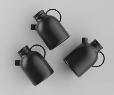 Modern minimalist bir tasarıma sahip gösterişli, mat siyah bir seramik sürahi. Yumuşak kıvrımlı silindirik bir gövdesi, sağlam bir sapı ve kendine özgü açılı bir çıkıntısı vardır.