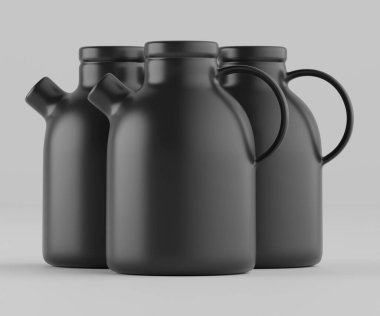 Modern minimalist bir tasarıma sahip gösterişli, mat siyah bir seramik sürahi. Yumuşak kıvrımlı silindirik bir gövdesi, sağlam bir sapı ve kendine özgü açılı bir çıkıntısı vardır.