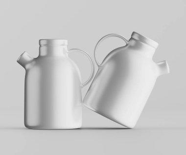 Minimalist Siyah Seramik Sürahi Saplı ve Yan Ağızlı Beyaz Renkli 3d resimleme Gri arkaplanda izole