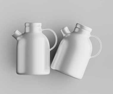 Minimalist Siyah Seramik Sürahi Saplı ve Yan Ağızlı Beyaz Renkli 3d resimleme Gri arkaplanda izole