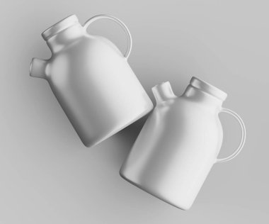 Minimalist Siyah Seramik Sürahi Saplı ve Yan Ağızlı Beyaz Renkli 3d resimleme Gri arkaplanda izole