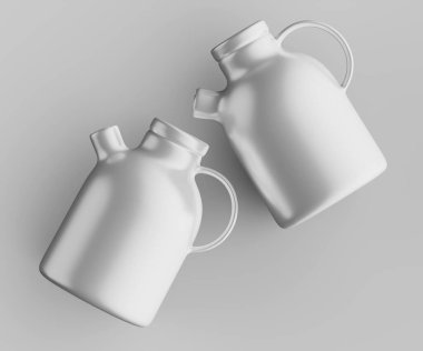 Minimalist Siyah Seramik Sürahi Saplı ve Yan Ağızlı Beyaz Renkli 3d resimleme Gri arkaplanda izole