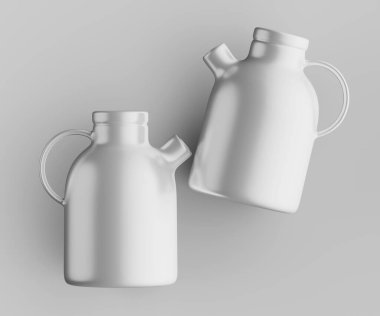 Minimalist Siyah Seramik Sürahi Saplı ve Yan Ağızlı Beyaz Renkli 3d resimleme Gri arkaplanda izole