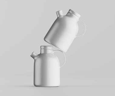 Minimalist Siyah Seramik Sürahi Saplı ve Yan Ağızlı Beyaz Renkli 3d resimleme Gri arkaplanda izole