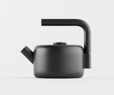 Modern, siyah bir çaydanlık düz beyaz arka planda sunulur. Çaydanlığın basit, geometrik bir tasarımı ve mat bir kaplaması var. Gövdesi yuvarlaktır ve sapı kıvrımlı bir şekle sahiptir. Işıklandırma yumuşak ve dağınık, güçlü bir ses çıkarmıyor.