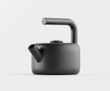 Modern, mat siyah çaydanlık minimalist bir stüdyo ortamında sunuluyor. Çaydanlıkta düz, yuvarlak bir tasarım ve kıvrımlı bir sapı var. İnce kıvrımlar ve mat bitişi ürüne çağdaş bir cazibe kazandırıyor. Yumuşak, stüdyo çakmağı bile