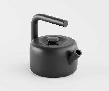 Modern bir siyah su ısıtıcısı düz açık gri arka planda sunulur. Çaydanlığın yuvarlak bir şekli, basit, kıvrımlı bir sapı ve fonksiyonel bir ağzı var. Genel stili minimalist ve gösterişlidir, pürüzsüz yüzeyleri ve süslemeleri yoktur. Tek başına