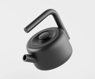 Parlak, modern, siyah çaydanlık bir stüdyo ortamında sunuluyor. Çaydanlık düz yüzeyleri ve yuvarlak kenarları olan basit bir geometrik tasarım sergiliyor. Işıklandırma nötr ve yumuşak, çaydanlığın biçimini ve dokusunu vurguluyor. Minimalist stil.