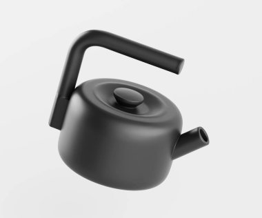 Modern, siyah çaydanlık bir stüdyo ortamında sunuluyor. Çaydanlığın pürüzsüz, mat ve basit geometrik formları var. Yuvarlak gövdesi ve belirgin sapı onu çekici kılıyor. Işıklandırma nötr ve parlak tasarımı vurguluyor.