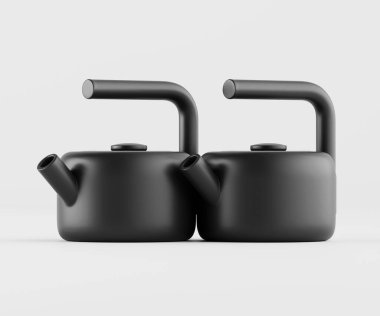 İki modern, mat siyah çaydanlık açık gri arka planda sergilenir. Çaydanlıkların yuvarlak şekilleri ve kıvrımlı sapları pürüzsüz, minimalist bir tasarım yaratıyor. Aydınlatma eşit ve nötr, su ısıtıcısının ince dokusunu vurguluyor.