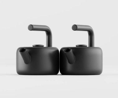 İki modern, mat siyah çaydanlık bir stüdyo ortamında sunuluyor. Çaydanlıkların kare gövdesi ve kıvrımlı sapları olan basit bir geometrik tasarımı var. Aydınlatma düz ve nötr, pürüzsüz yüzeyleri vurguluyor ve çaydanlıkların pürüzsüz formunu vurguluyor. T