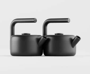 Açık gri arka planda iki mat siyah çaydanlık yan yana sergilenir. Çaydanlıkların yuvarlak gövdeleri, ergonomik sapları ve kendine özgü ağız tasarımları var. Basit, modern stil ve nötr renk paleti çağdaş ya da mini renkler içerir.