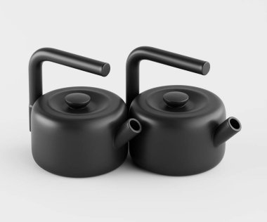 İki özdeş siyah çaydanlık, tarafsız açık gri arka planda sergilenir. Çaydanlıklarda düz, yuvarlak şekiller, basit, kıvrımlı kulplar ve çıkıntılar var. Aydınlatma eşit ve parlak. Sert gölgeler yaratmıyor.