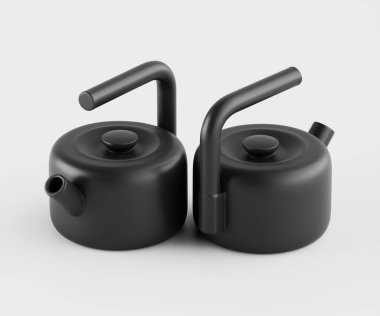 İki modern siyah çaydanlık, tarafsız bir arkaplanda yan yana yerleştirilmiştir. Çaydanlıkların basit, minimalist bir tasarımı var, pürüzsüz yüzeyleri ve biçimlendirilmiş sapları var. Aydınlatma eşit, güçlü gölgeler bırakmıyor, kontrollü bir ineği gösteriyor.