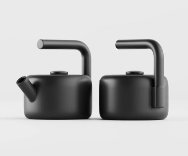 İki modern, mat siyah çaydanlık açık gri arka planda sergilenir. Çaydanlıklar yuvarlak, parlak ve basit bir tasarıma sahip. Sapları sürekli ve kıvrımlı. Işıklandırma tarafsız, sert gölgeler yok.