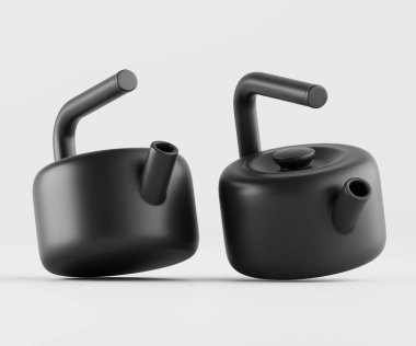 Tarafsız bir arkaplanda iki modern siyah çaydanlık yer alır. Çaydanlıklar basit, yuvarlak şekilleri ve pürüzsüz, mat siyah yüzeyleri sergiliyor. Işıklandırma, su ısıtıcılarının dokusunu ve şeklini ön plana çıkarıyor. Temiz bir estetik yaratıyor..