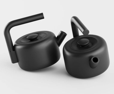 İki modern siyah çaydanlık stüdyo çekimlerinde gösteriliyor. Çaydanlıklar pürüzsüz, yuvarlak vücutlu ve sade, modern kulplu. Rengi koyu siyah ve yüzeyleri pürüzsüz görünüyor. Işıklar eşit, güçlü gölgeler ya da yükseklik yaratmıyor.