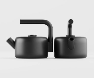 İki modern siyah çaydanlık, düz beyaz bir zemine karşı sunuluyor. Çaydanlıklarda, açısal çizgileri ve pürüzsüz yüzeyleri olan düz ve belirgin şekiller yer alıyor. Basit kulplar ve çıkıntılar minimalist estetiğe eklenir. İmaj