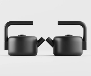 Bir stüdyo ortamında simetrik olarak yerleştirilmiş iki mat siyah su ısıtıcısı. Çaydanlıklar modern görünüyor, kare şekilli ve kıvrımlı tutacakları var. Işıklandırma eşit ve nötr, karanlık yüzeyi ve tasarımın temiz çizgilerini gösteriyor. Geri kafalı.