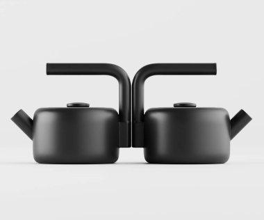 İki benzer siyah çaydanlık, tarafsız bir arkaplanda yan yana sunuluyor. Çaydanlıklar siyahtır, pürüzsüz, yuvarlak şekilli ve aerodinamik kulpları vardır. Aydınlatma düzgün ve parlak, belirgin bir gölge bırakmıyor.