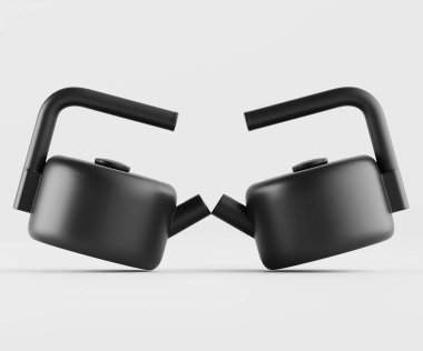 Aynı iki siyah çaydanlık bir stüdyo ortamında sunuluyor. Çaydanlıklar pürüzsüz ve mat siyah, basit ve modern bir tasarım sergiliyorlar. Aydınlatma eşit ve nötr, çaydanlığın şeklini vurguluyor. Çaydanlıklar simetri yerleştirildi.