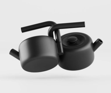 İki modern, mat siyah çaydanlık açık gri bir zemine karşı sergileniyor. Çaydanlıklar yuvarlak, basit şekillere sahip ve dinamik, neredeyse yüzen bir konumda sunuluyor. Tasarım çağdaş ve minimalist görünüyor. Işıklandırma çok...