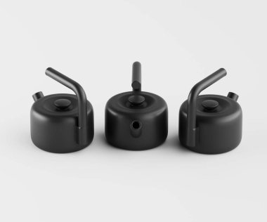 Üç mat siyah çaydanlık düz beyaz arka planda yatay sırada dizilir. Çaydanlıklar basit, yuvarlak ve her tencerenin gövdesine yapışan uzun ve kıvrımlı sapları var. Çaydanlıklar pürüzsüz ve yansımayan bir şeyden yapılmış gibi görünüyor.