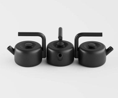 Üç siyah, dikdörtgen, folyo kesesi hafif örtüşen düz bir düzende, açık gri arkaplana karşı düzenlenmiştir..