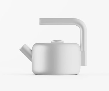 Pürüzsüz, yuvarlak hatları olan modern, açık gri bir çaydanlık parlak, beyaz bir zemin karşısında sunuluyor. Çaydanlık, vücudundan dışarı doğru uzanan farklı, açısal bir sapla tasarlanmış ve genel estetik, bir işlevsellik karışımı olduğunu gösteriyor.
