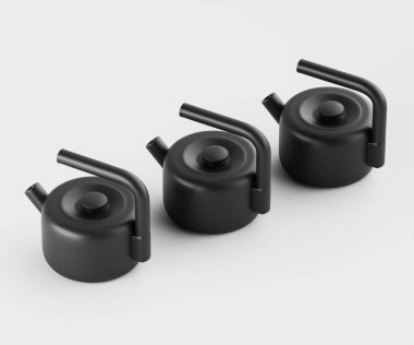 Üç küçük, mat siyah çaydanlık düz, açık gri bir zemine karşı hafifçe sersemletilmiş, yatay bir sıra halinde dizilir. Çaydanlıklar basit, modern bir tasarım sergiliyor. Yuvarlak vücutlu, kendine özgü, kıvrımlı kulpları var. Işıklar eşit ve...