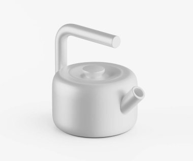 Basit, modern bir çaydanlık, düz beyaz bir zemine karşı tasvir edilir. Çaydanlıkta açık gri ya da gümüş kaplama sergileniyor, pürüzsüz ve yuvarlak bir tasarım sergileniyor. Sapı ve ağzı parlak, çağdaş bir estetiğe sahip. Işıklar eşit ve açık değil.