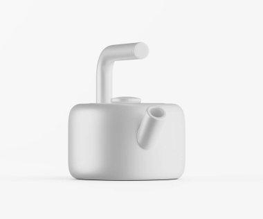 Modern, açık gri çaydanlık stüdyo çekiminin odak noktası. Çaydanlık düz beyaz bir arkaplanda izole edilmiş, pürüzsüz, mat yüzeyleri ve basit geometrik tasarımı sergileniyor. Aydınlatma eşit ve nötr, sert gölgeler yok.