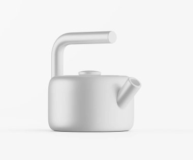 Modern, basit bir çaydanlık, stüdyo ortamında sunuluyor. Çaydanlık açık gri renktedir ve pürüzsüz yuvarlak formlara sahiptir. Sapı ve çıkıntısı ergonomik olarak tasarlanmış, biraz işlevsellik ve modern bir estetik katıyor. Görüntü iyi aydınlatılmış.