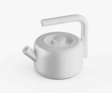 Tarzlı, modern bir çaydanlık, düz beyaz arka planda sunulur. Çaydanlık nötr açık gri bir renk sergiler ve pürüzsüz yuvarlak bir şekle sahiptir. Belirgin kıvrımlı bir sapı ve bir çıkıntısı var. Aydınlatma parlak ve düzgün, Cstin.