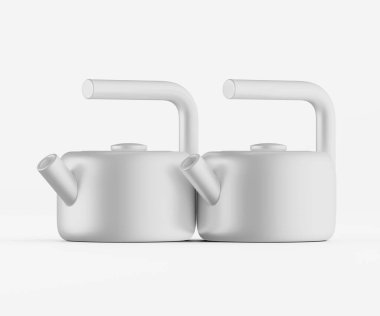 İki modern, açık gri çaydanlık düz, beyaz bir arkaplanda sergileniyor. Çaydanlıkların basit ve pürüzsüz bir tasarımı var. Yavaşça kıvrılmış sapları var. Aydınlatma düz ve parlak, çaydanlıkların ince dokusunu vurguluyor. Görüntü bir... 