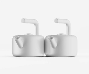 İki özdeş beyaz çaydanlık, açık gri bir zemine karşı sergileniyor. Çaydanlıklar bir stüdyo ortamında gösteriliyor, temiz, basit ve modern estetik. Işıklar eşit, güçlü gölgeler bırakmıyor ve pürüzsüz dalgaları vurguluyor.