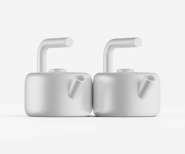 İki modern, açık gri çaydanlık düz, parlak beyaz bir arkaplanda yan yana sergileniyor. Çaydanlıkların basit, geometrik bir tasarımı var. Kutu şeklinde ve kıvrımlı sapları var. Aydınlatma eşit ve nötr, sert gölgeler bırakmıyor, Crea