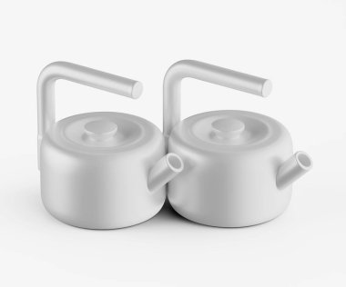 İki özdeş açık gri çaydanlık, düz beyaz arka planda gösteriliyor. Çaydanlıklar basit ve pürüzsüz çizgilerle yuvarlak şekillere sahiptir. Sapları ve çıkıntıları benzer yuvarlak bir tasarıma sahip. Aydınlatma düz ve tepede, hiçbir işaret yok.