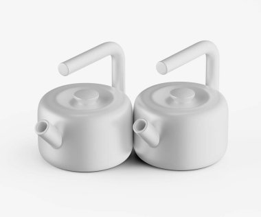 Özdeş iki çaydanlık, temiz ve minimalist tasarımlarını vurgulayan düz ve parlak bir zemine karşı sunuluyor. Çaydanlıklar pürüzsüz yüzeyleri ve yuvarlak formları olan parlak beyaz bir kaplama sergiliyorlar. Her çaydanlık bir tutamakla, bir çıkıntıyla, bir...