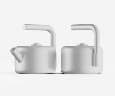 İki modern, açık gri çaydanlık sade ve nötr bir zemine karşı tasvir edilir. Çaydanlıkların basit, yuvarlak şekilleri var ve biraz sersemletici bir düzende konumlandırılmışlar. Pürüzsüz yüzeyleri ve parlak tasarımı modern ve minimalist aeler yaratır.