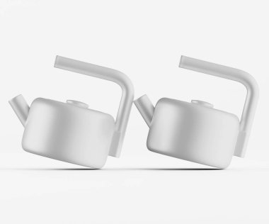 İki modern, açık gri çaydanlık, düz, açık gri bir zemine karşı sunuluyor. Çaydanlıklar hafifçe açılı, dörtte üç açıyla gösteriliyor, derinlik ve biçim duygusu yaratıyor. Çaydanlıkların basit, temiz çizgileri var ve ışıklandırma bile...