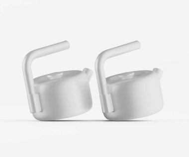 Özdeş, açık gri, hafif açılı iki plastik kapak, sade ve nötr bir arkaplana karşıdır. Kapakların basit, kıvrımlı sapları ve dairesel şekli var. Aydınlatma düzgün ve yumuşak, belirgin bir gölge bırakmıyor. Tarzı temiz.