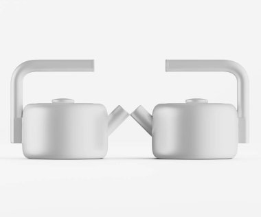 İki modern, açık gri çaydanlık bir stüdyo ortamında sunuluyor. Çaydanlıklar basit geometrik şekiller sergiliyor, kendine özgü kıvrımlı sapları var. Işık, hatta aydınlatma bile göze çarpan gölgeler bırakmıyor. Produ için temiz, nötr bir zemin oluşturuyor.