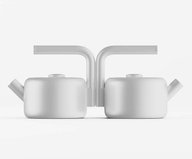 Bir stüdyo ortamında bir çift modern, açık gri çaydanlık gösteriliyor. Çaydanlıkların basit, yuvarlak şekilleri ve farklı, kıvrımlı sapları var. Pürüzsüz ve parlak bir malzemeden yapılmış gibi görünüyorlar. Sahne ışıl ışıl, bu da refleksi ortaya çıkarıyor.