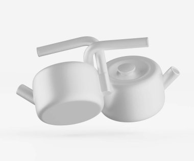 İki özdeş beyaz çaydanlık, pürüzsüz beyaz bir zemine karşı sunuluyor. Tasarım minimalist ve temiz, pürüzsüz yüzeyleri ve yuvarlak formları vurguluyor. Bileşim yukarıdaki aydınlatmayı kullanır, şekli belirleyen ince gölgeler oluşturur