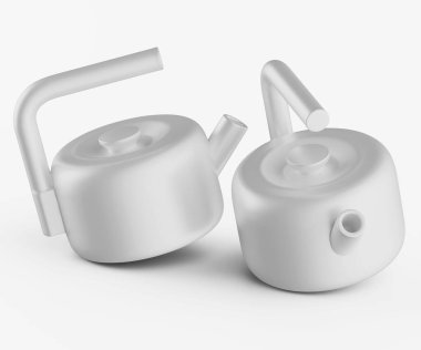 İki modern çaydanlık düz beyaz arka planda sergilenir. Çaydanlıklar açık gri, yuvarlak şekilleri ve eşsiz sapları var. Işıklandırma, pürüzsüz yüzeyleri ve minimalist tasarımı vurguluyor. Stüdyo ayarları ve minimali