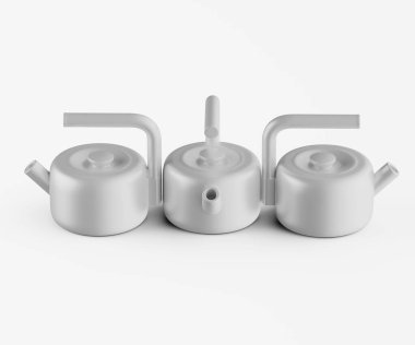 Üç açık gri çaydanlık bir stüdyo ortamında yatay olarak sıralanır. Çaydanlıklar da benzer tarzda ve her birinin iki tutacağı ve bir oluğu var. Tasarım basit ve temiz görünüyor, pürüzsüz, mat bir bitirişle. Aydınlatma düzgün ve parlak.