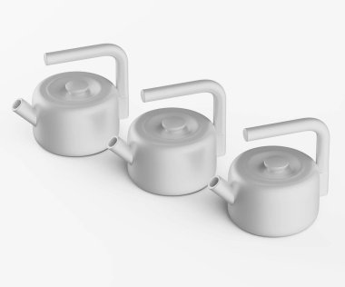 Üç açık gri çaydanlık düz beyaz arka planda yatay bir sırada sergilenir. Çaydanlıkların basit, yuvarlak bir şekli var, tasarımı benzer. Her çaydanlığın kısa, kıvrımlı bir sapı ve küçük bir oluğu var. Işık eşit ve dağınık.